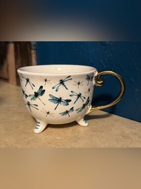 Blue Dragonfly Footed Ceramic Mug with Gold Handle